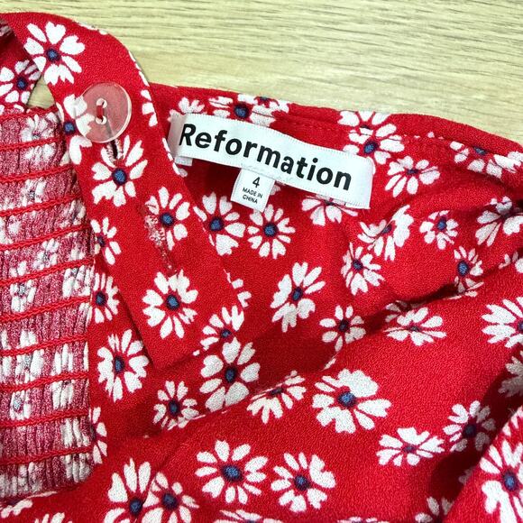 REFORMATION Baldwin Mini Dress Tagged Size 4 Fits 0-2 Red Daisy Floral Print - Picture 7 of 11